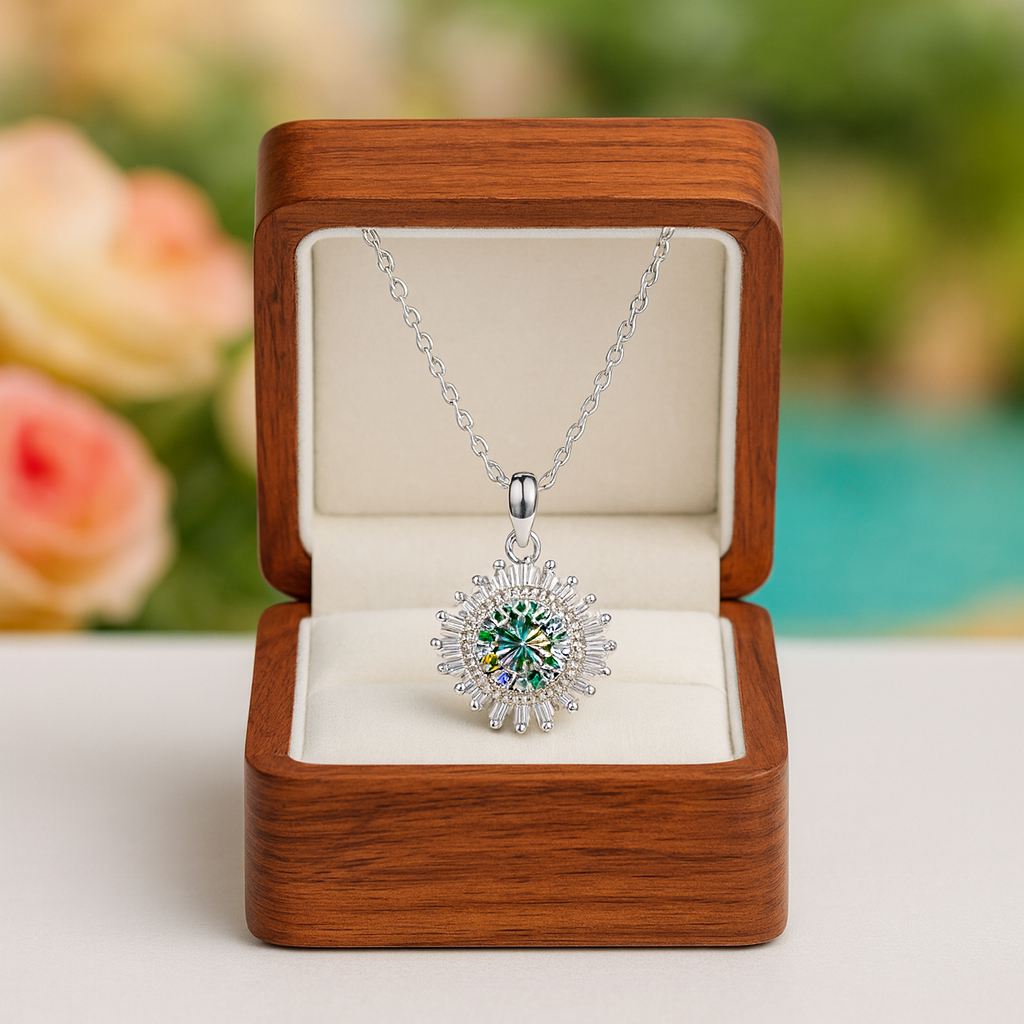 Silver necklace with a green pendant in an open wooden jewelry box, with flowers and water in the background.