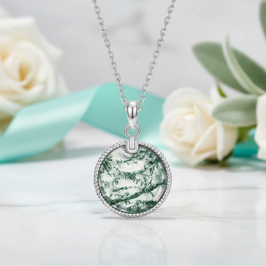 Ethereal Bond- Unique Moss Agate Round Pendant Necklace-Evani Jewelry