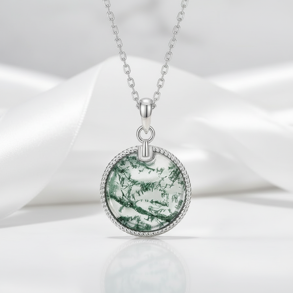 Ethereal Bond- Unique Moss Agate Round Pendant Necklace - Evani Naomi Jewelry