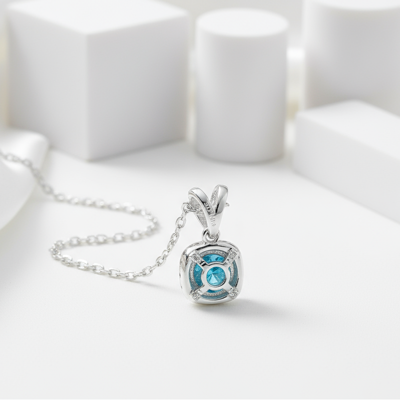 6.5mm Round Cut Aquamarine Halo Pendant Necklace-Evani Jewelry