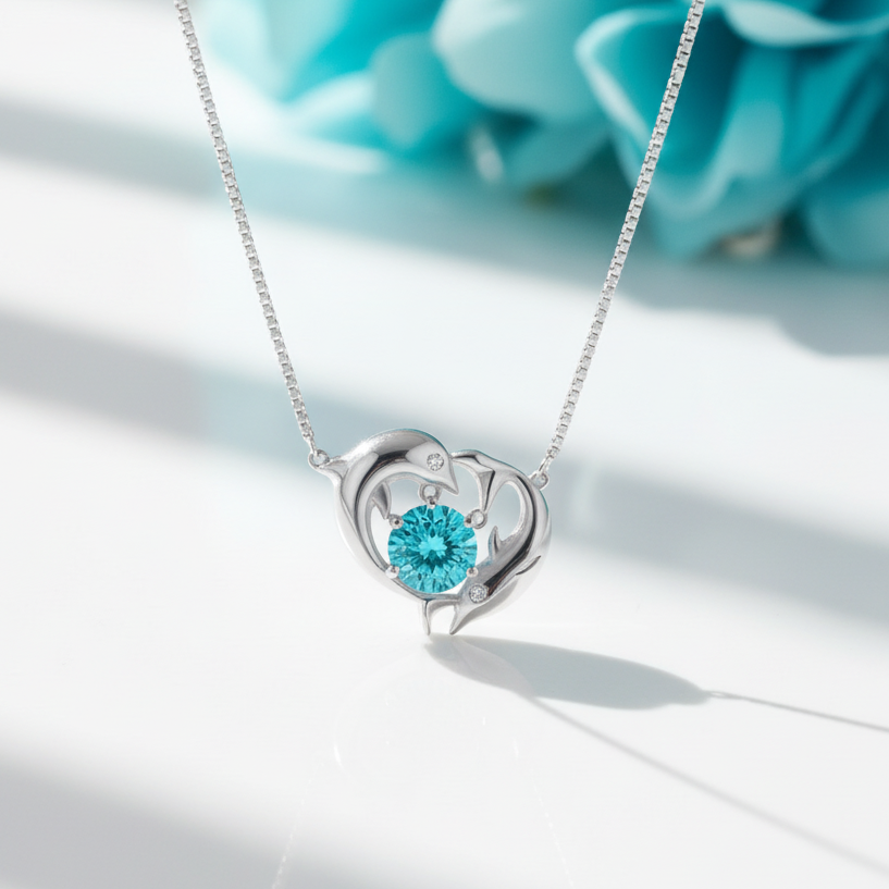 Silver necklace with a heart-shaped pendant featuring a blue gemstone on a white background