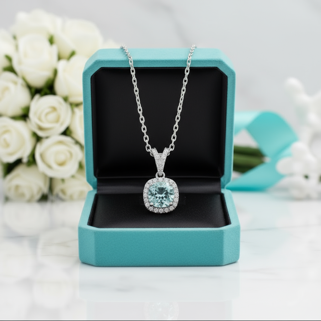 6.5mm Round Cut Aquamarine Halo Pendant Necklace-Evani Jewelry