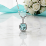 6.5mm Round Cut Aquamarine Halo Pendant Necklace-Evani Jewelry