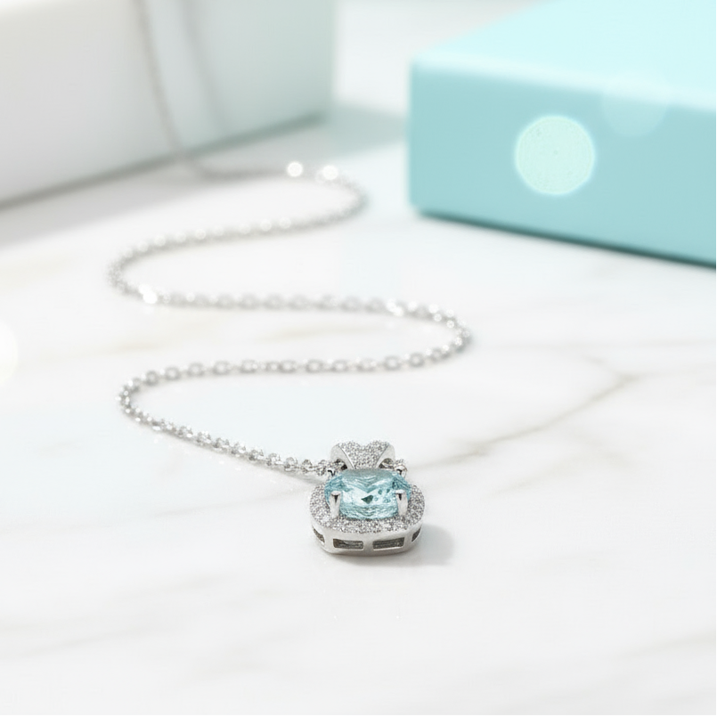 6.5mm Round Cut Aquamarine Halo Pendant Necklace-Evani Jewelry