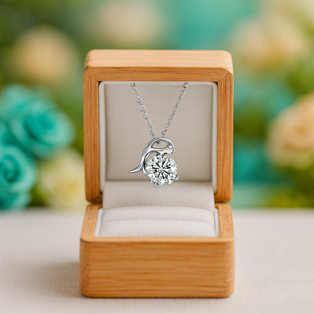 Silver necklace with a pendant in an open wooden jewelry box against a blurred floral background