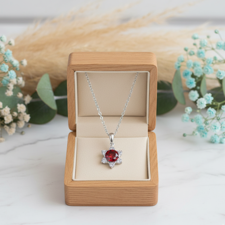 Silver necklace with a red gemstone in a wooden box on a white background with flowers.
