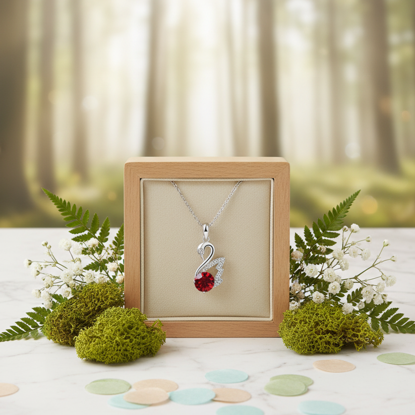 Silver necklace with a red gemstone in a wooden display box against a forest background