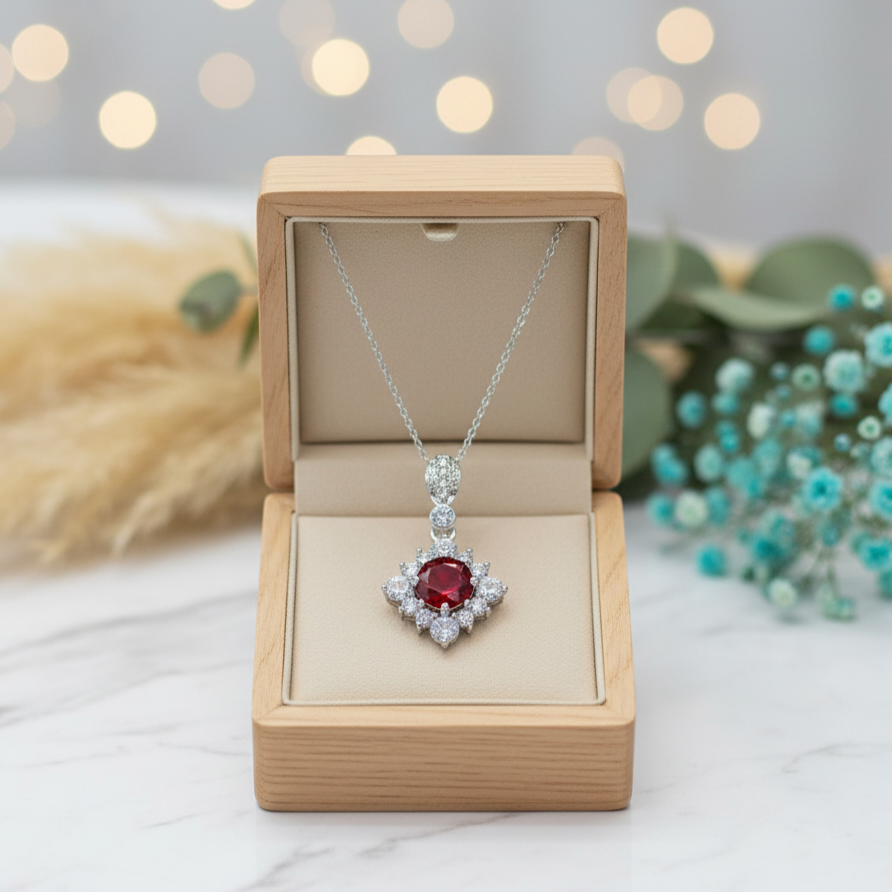 Silver necklace with a red gemstone in an open wooden jewelry box on a marble surface with blurred lights and flowers in the background.