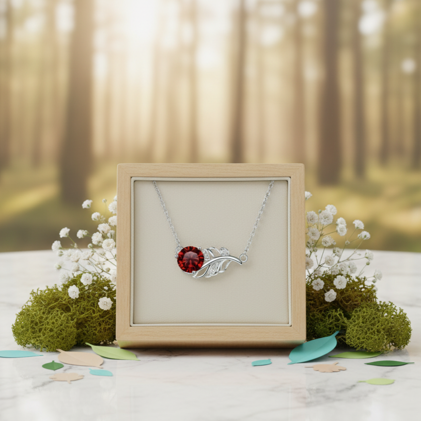 Silver necklace with a red gemstone on a display box in a forest setting