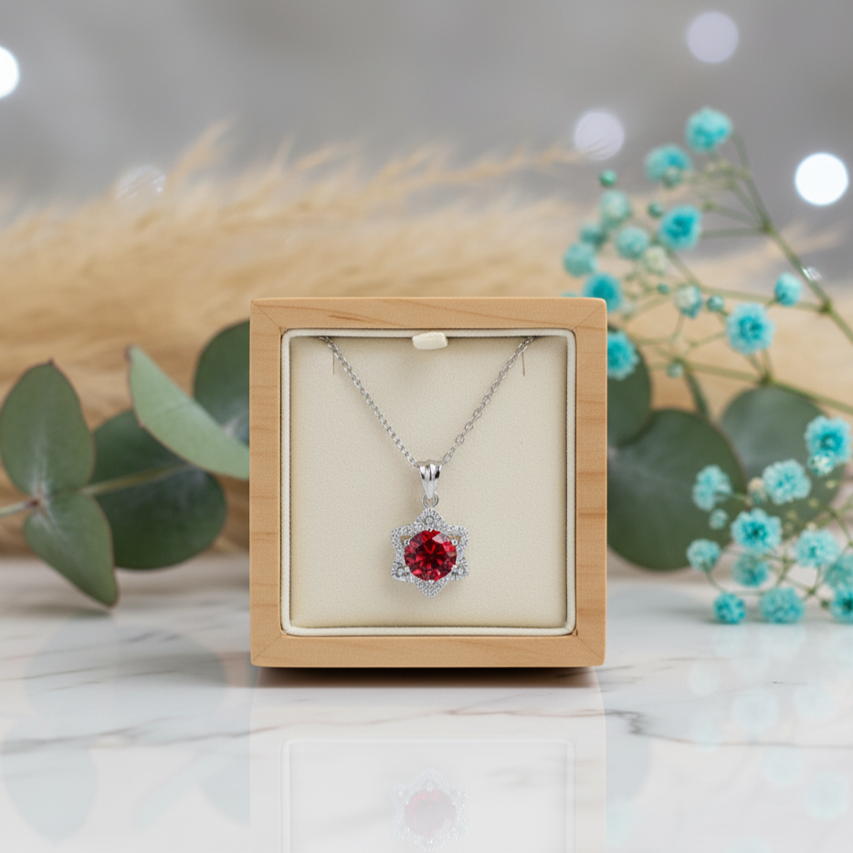 Silver necklace with a red gemstone pendant in a wooden box, surrounded by greenery and flowers.