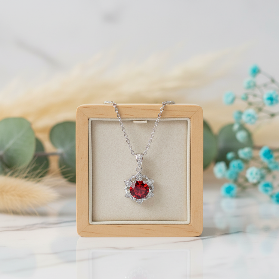 Silver necklace with a red gemstone pendant on a wooden display box, surrounded by decorative plants.