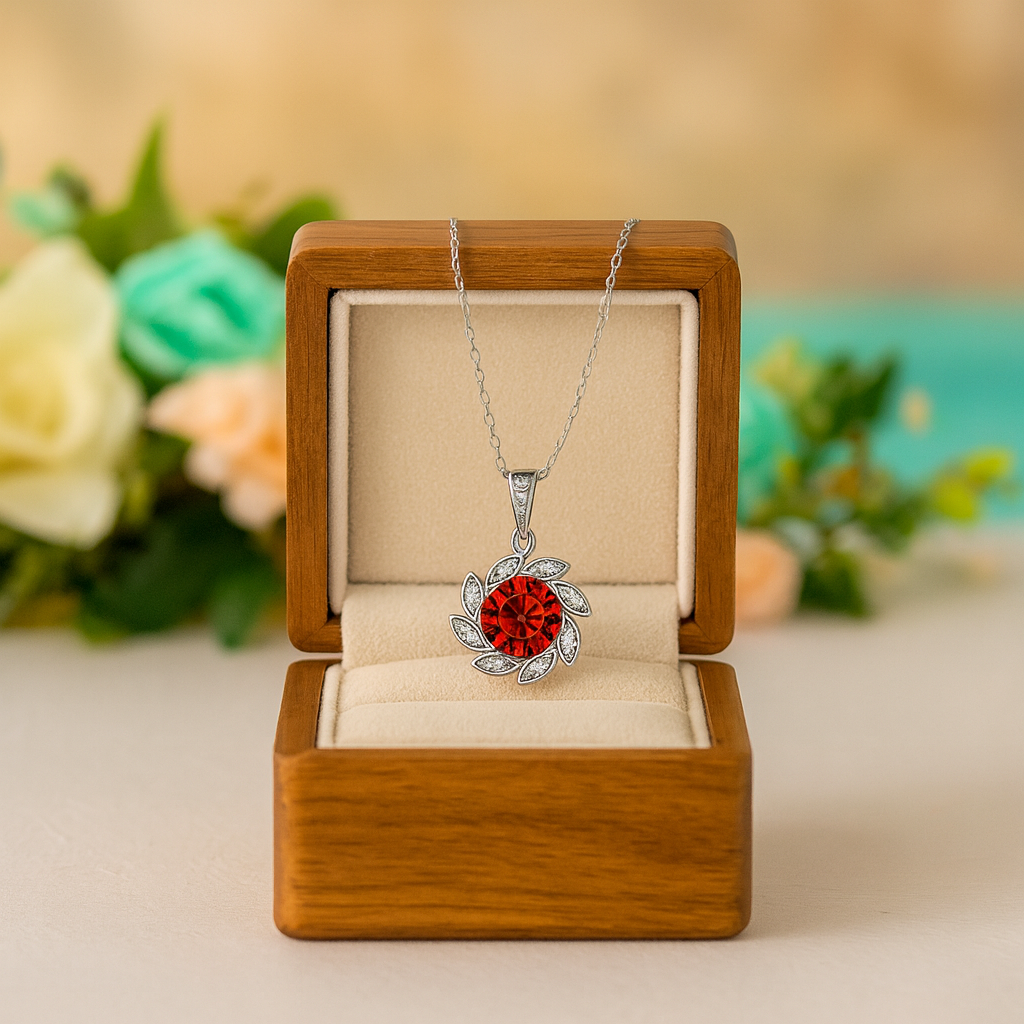 Silver necklace with a red pendant in a wooden box with flowers in the background