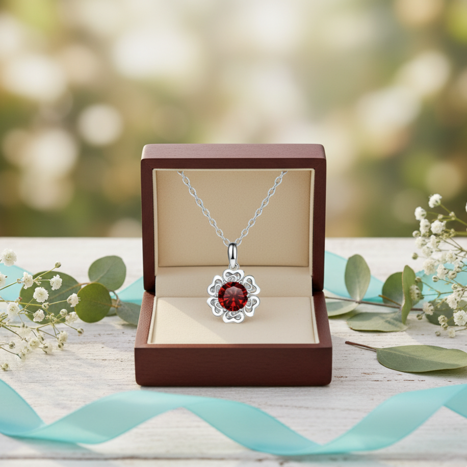 Silver necklace with a red pendant in an open jewelry box on a wooden surface with greenery.