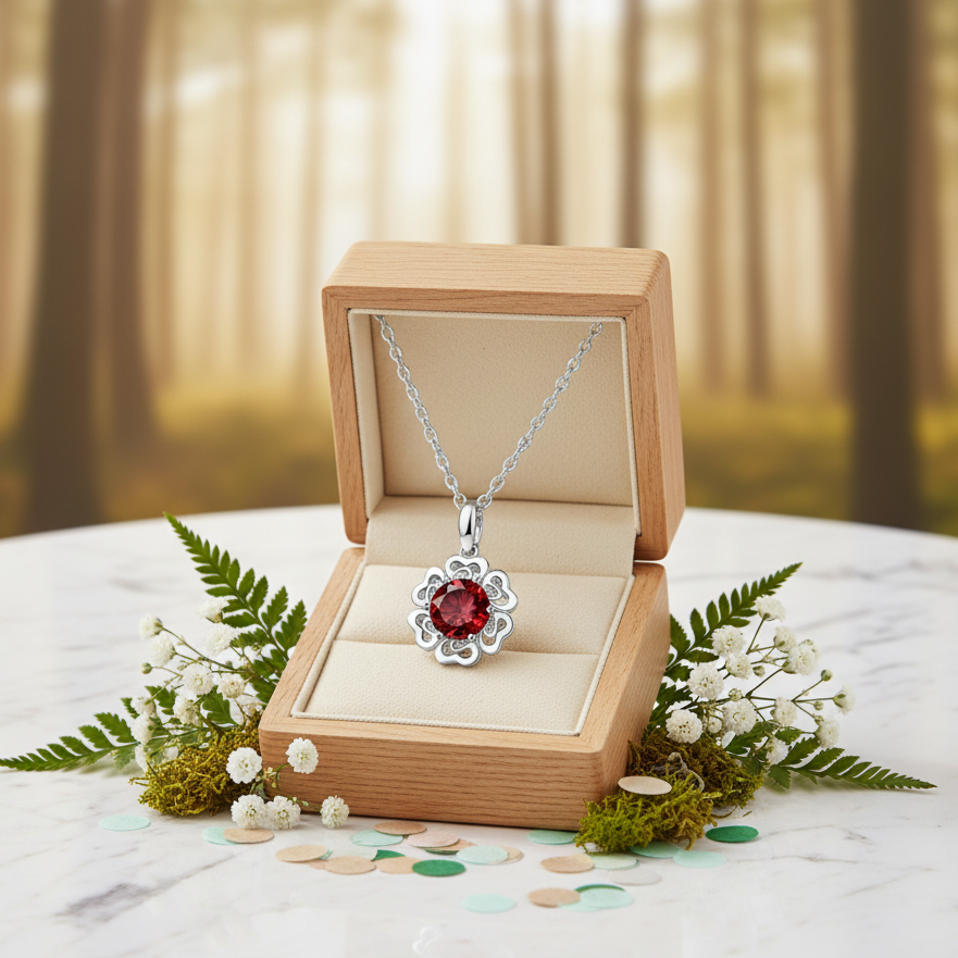 Silver necklace with a red pendant in an open wooden box on a white surface with greenery.