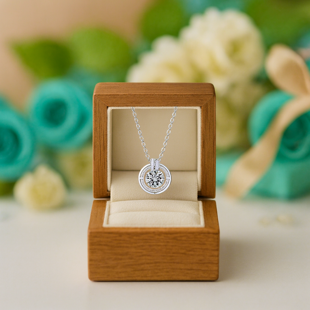 Silver necklace with a round pendant in a wooden box against a floral background