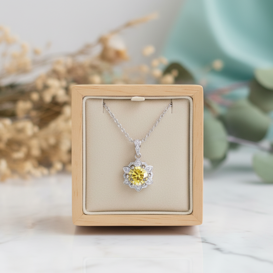 Silver necklace with a yellow gemstone in a wooden box on a marble surface with decorative elements.