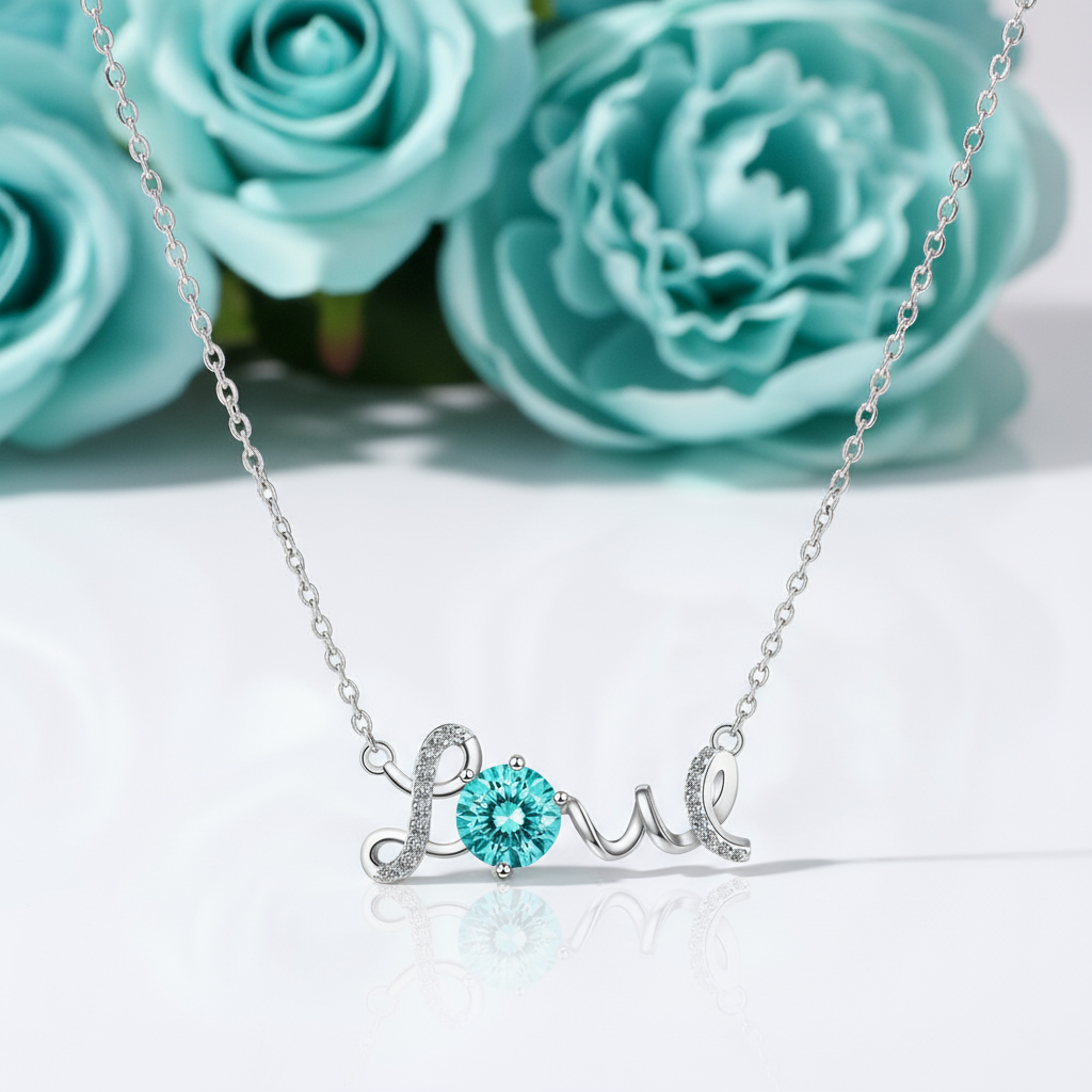 Silver necklace with 'love' pendant featuring a blue gemstone on a white background