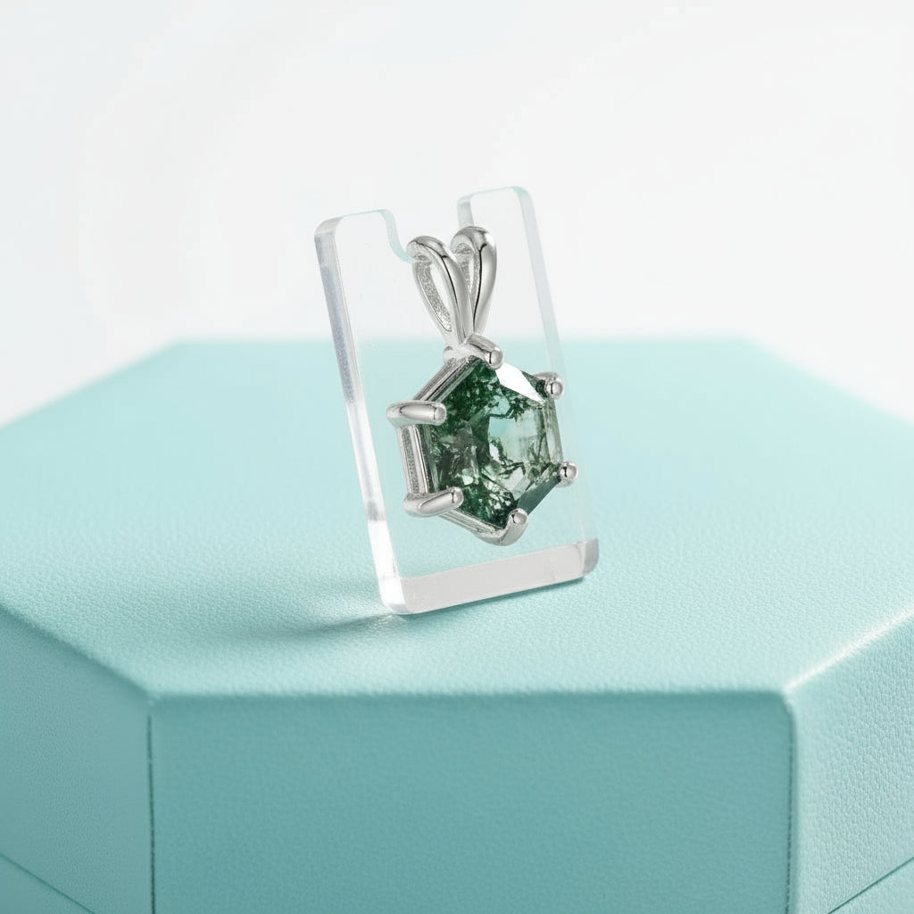 Pure Love- Brilliant Hexagon Cut Natural Moss Agate Pendant Necklace-Evani Jewelry