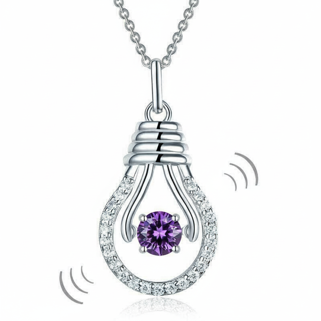 Silver pendant with a purple gemstone on a white background