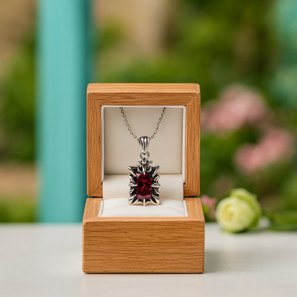 Silver pendant with a red gemstone in a wooden box against a blurred natural background