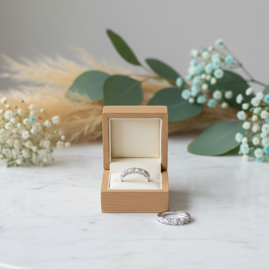 Silver ring in a wooden box on a marble surface with decorative plants.