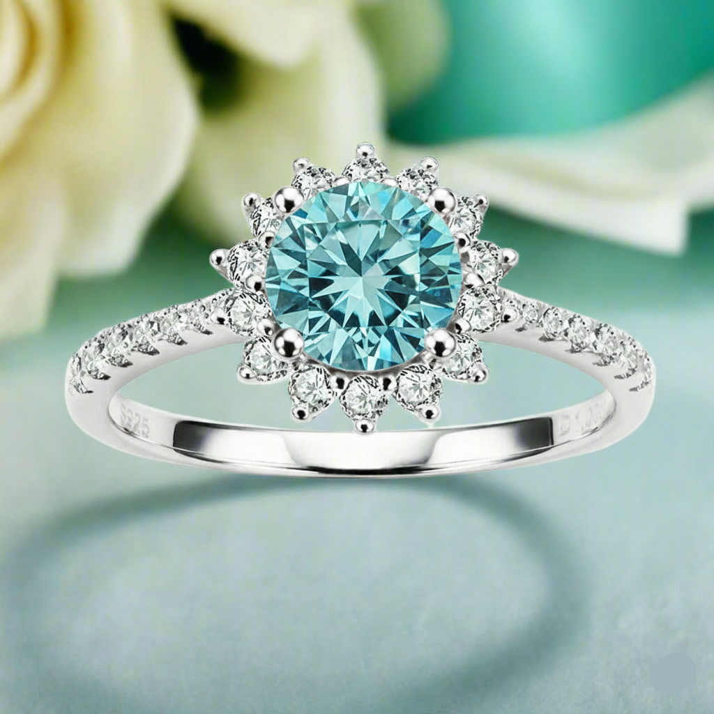 Silver ring with a blue gemstone and diamond accents on a light green background