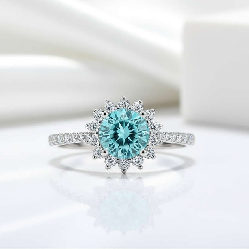 1.0 Ct Round Cut Aquamarine Sunflower Engagement Ring-Evani Jewelry