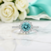 1.0 Ct Round Cut Aquamarine Sunflower Engagement Ring-Evani Jewelry