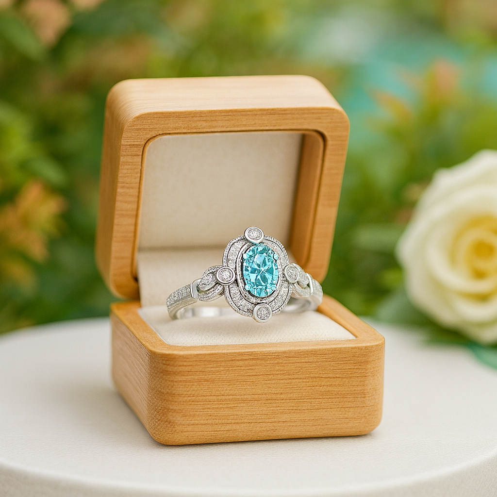 Silver ring with a blue gemstone in a wooden box against a blurred natural background