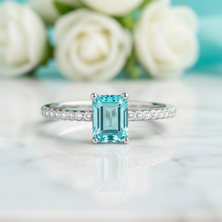 2.0 Ct Emerald Cut Aquamarine Engagement Ring-Evani Jewelry
