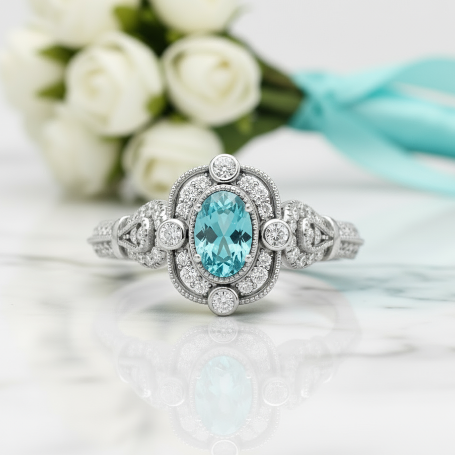 Silver ring with a blue gemstone on a light blue surface with flowers in the background