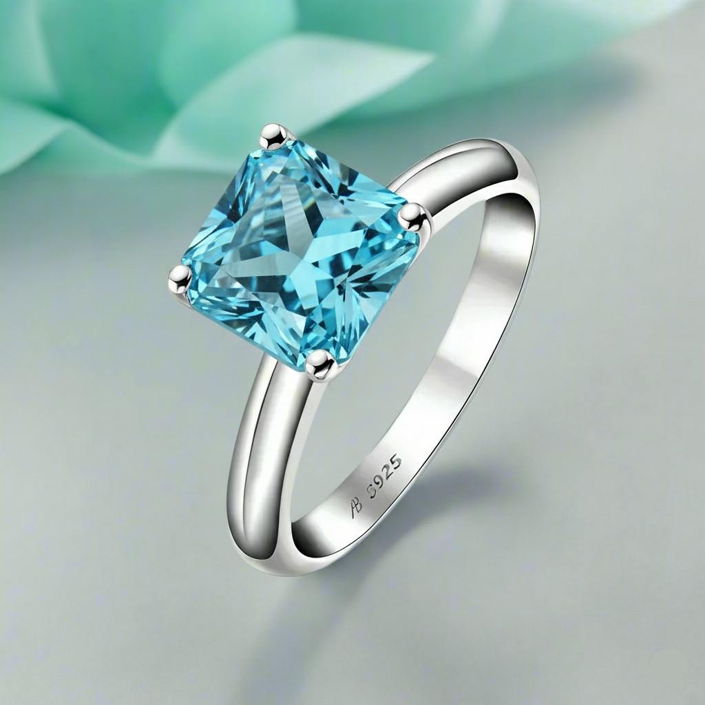 Silver ring with a blue gemstone on a light gray background