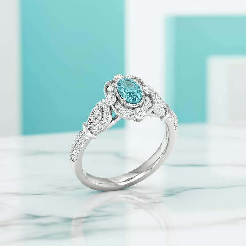 1.00 ct Oval Cut Aquamarine Vintage Style Engagement Ring-Evani Jewelry