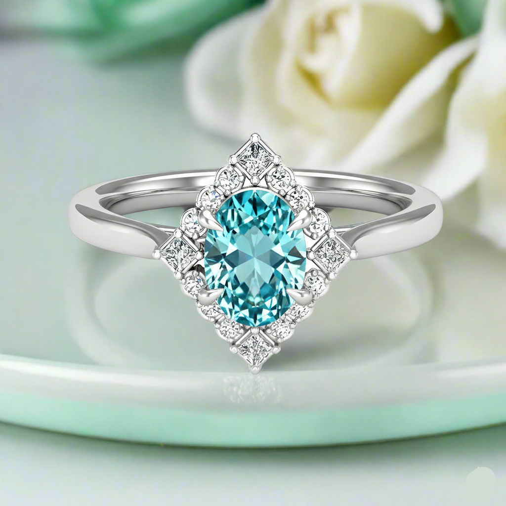 Silver ring with a blue gemstone on a light green background