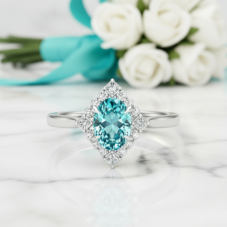 Silver ring with a blue gemstone on a light green background