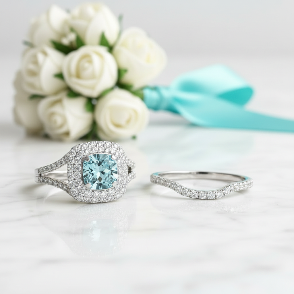 Elegant 1.0 Ct Diamond Aquamarine Double-Halo Bridal Set-Evani Jewelry