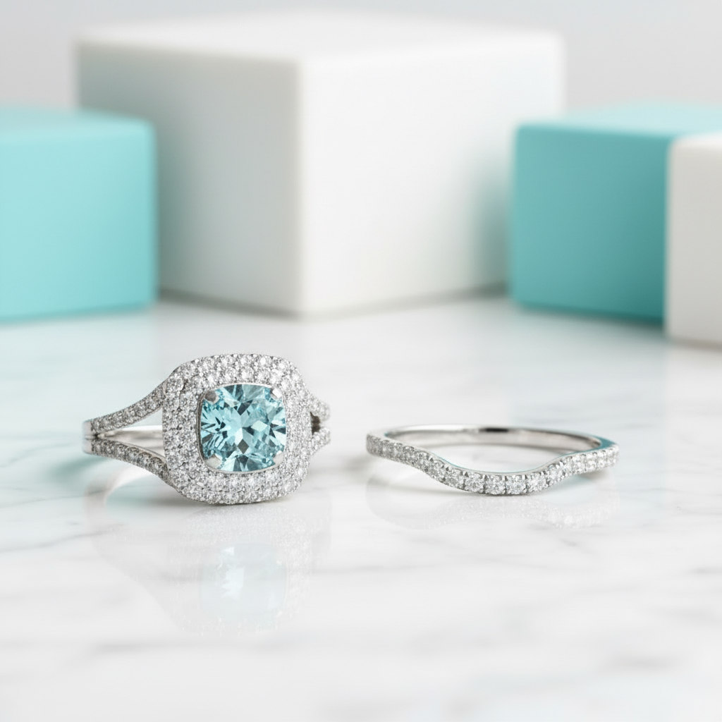 Elegant 1.0 Ct Diamond Aquamarine Double-Halo Bridal Set-Evani Jewelry