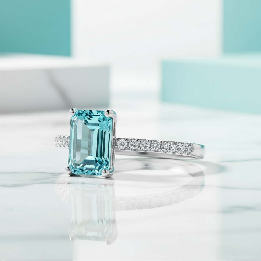 2.0 Ct Emerald Cut Aquamarine Engagement Ring-Evani Jewelry