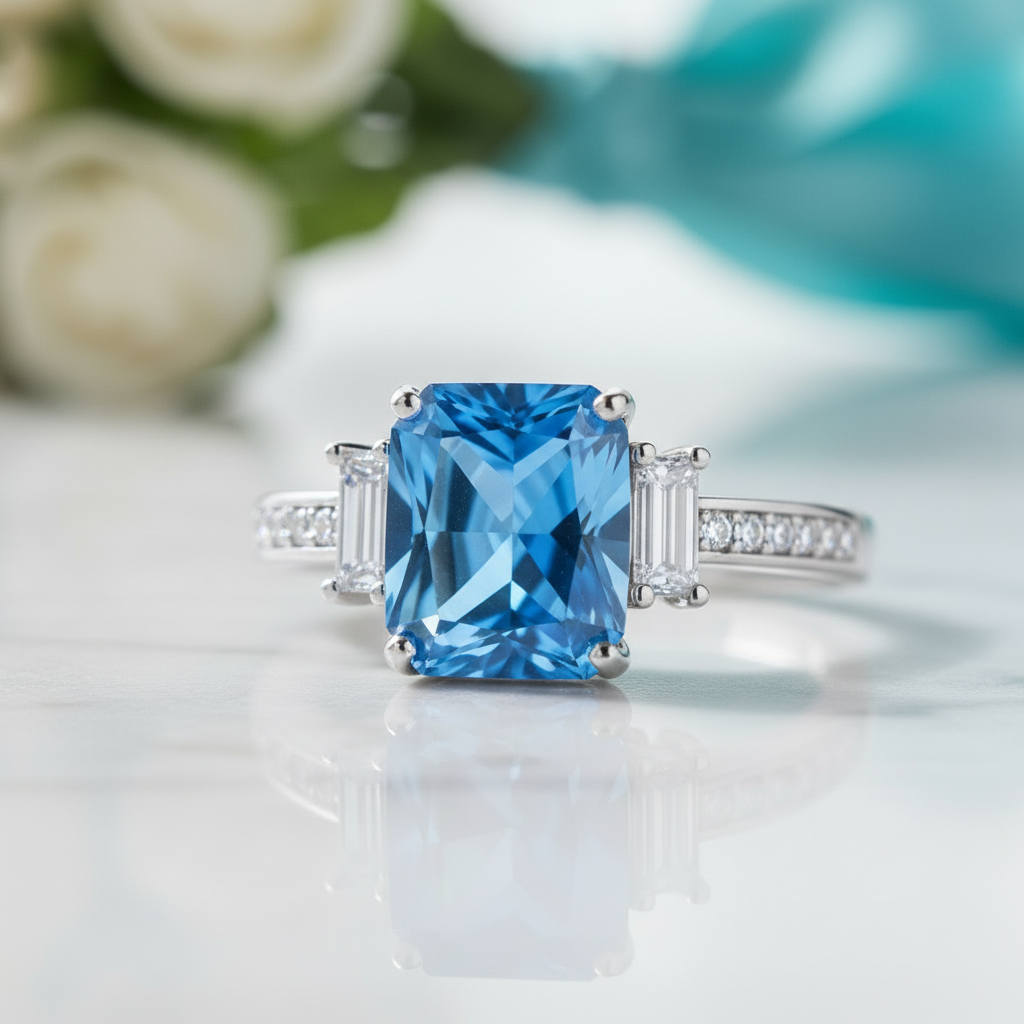 Unique Octagon Cut Sapphire Three Stone Engagement Ring - Evani Naomi Jewelry