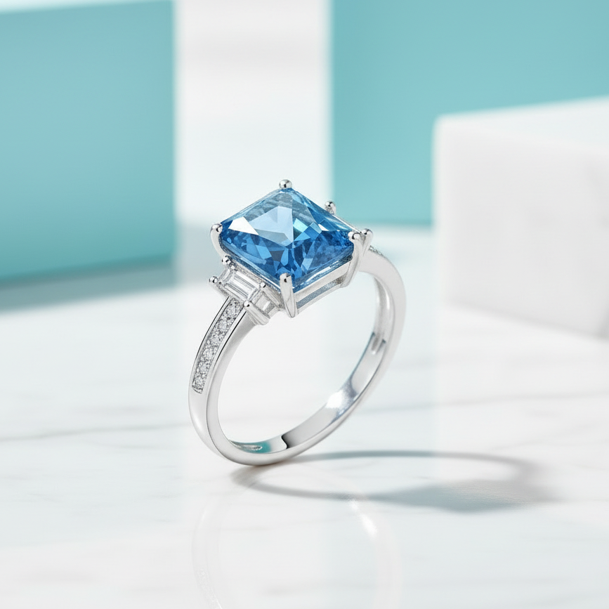 Unique Octagon Cut Sapphire Three Stone Engagement Ring