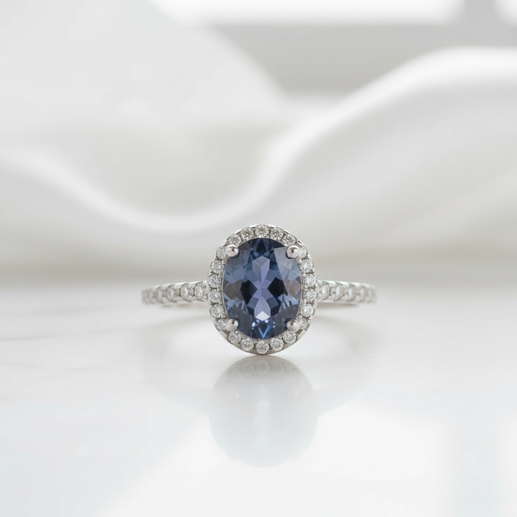 Oval Halo Lab Alexandrite Engagement Ring-Evani Jewelry