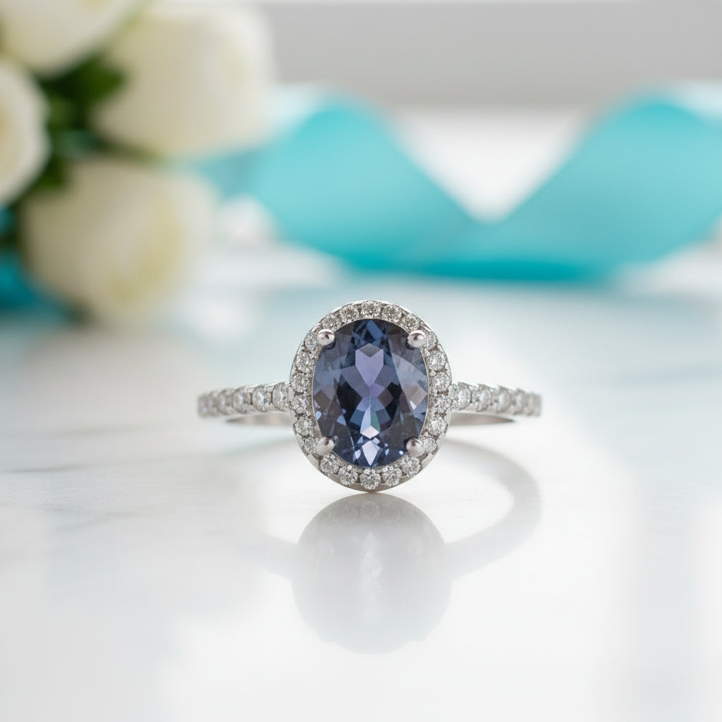 Oval Halo Lab Alexandrite Engagement Ring-Evani Jewelry