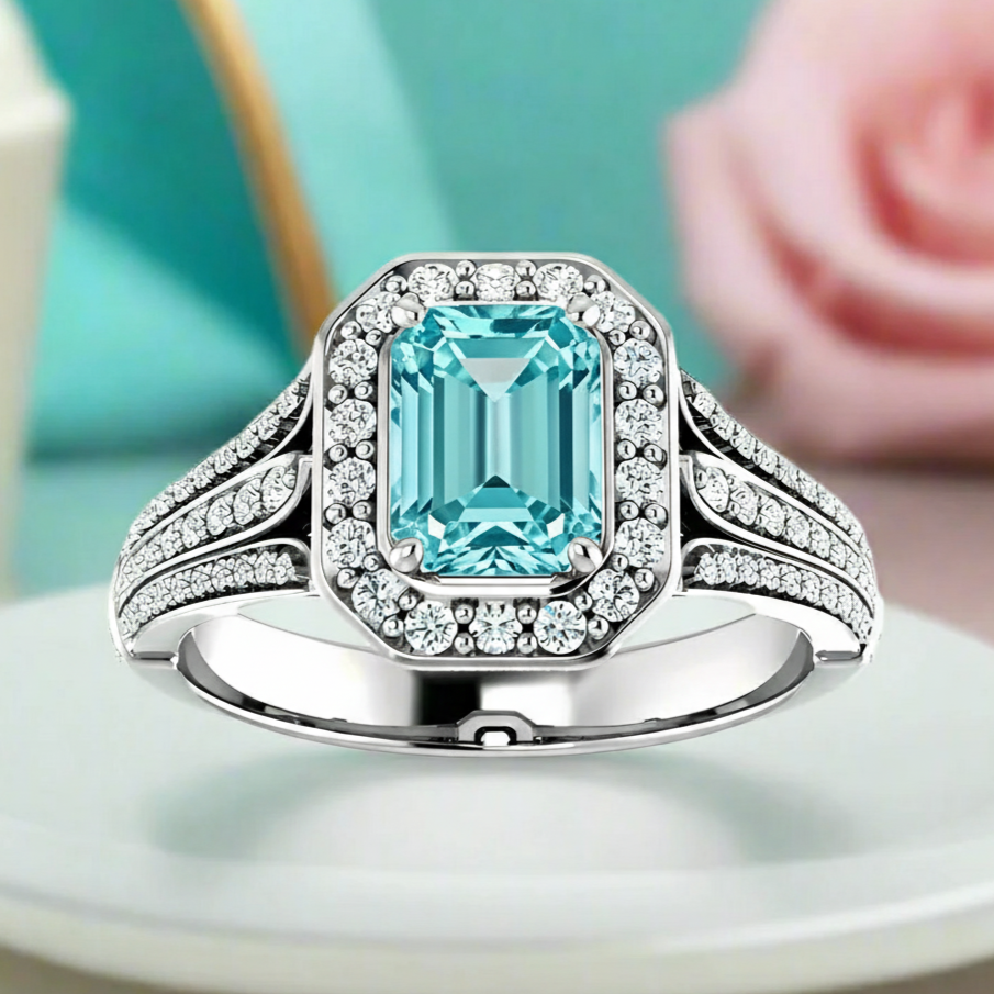 Silver ring with a blue gemstone on a white plate