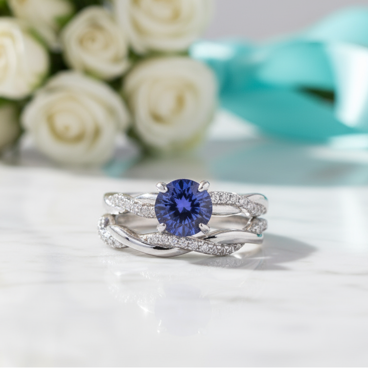 Gorgeous 1.2ct Round Cut Tanzanite Twist Engagement Ring Set-Evani Jewelry