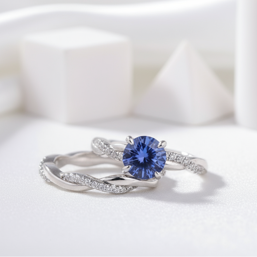 Gorgeous 1.2ct Round Cut Tanzanite Twist Engagement Ring Set-Evani Jewelry