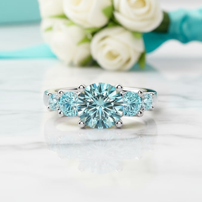 Silver ring with a central blue gemstone and smaller blue stones on a green surface with flowers in the background