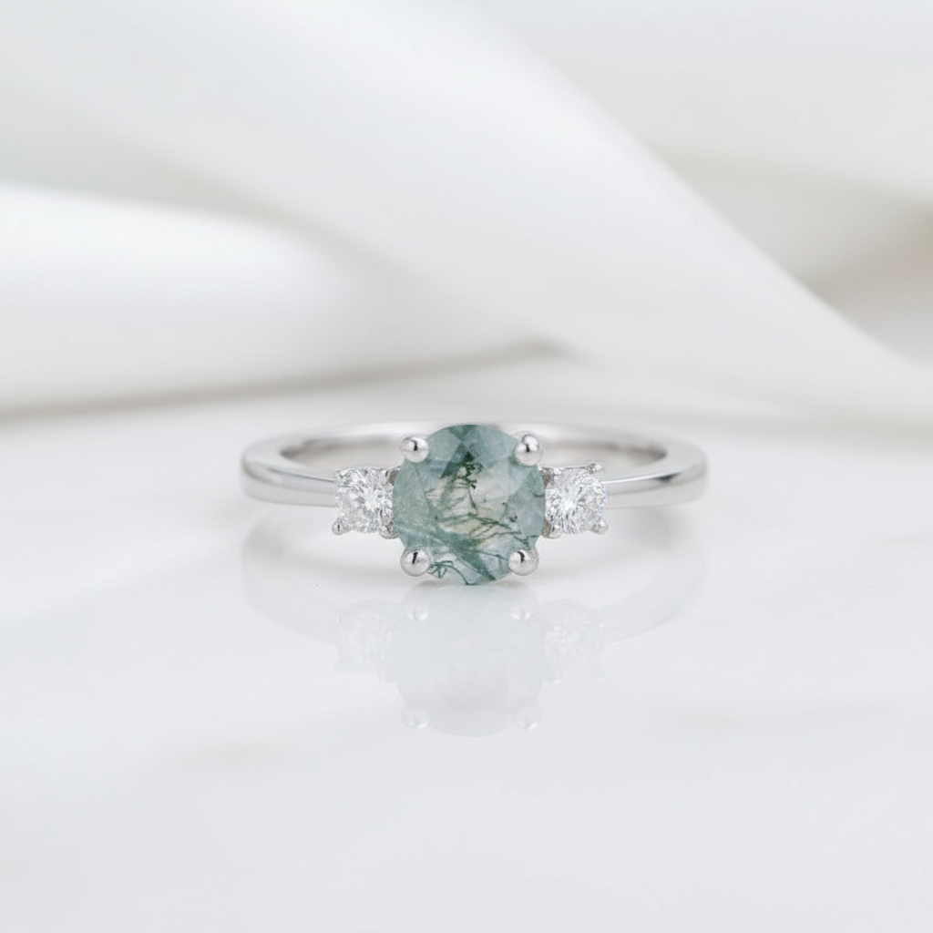 Gentle Heart- Natural Moss Agate Wedding Band Engagement Ring