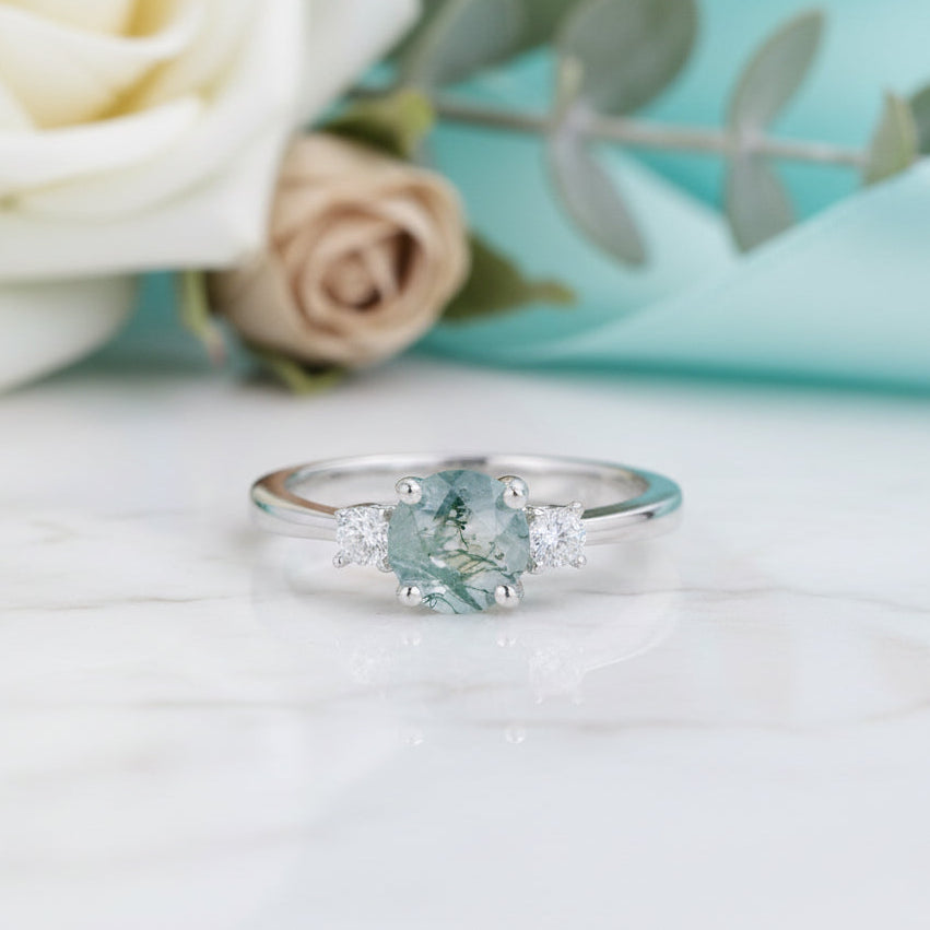 Gentle Heart- Natural Moss Agate Wedding Band Engagement Ring-Evani Jewelry