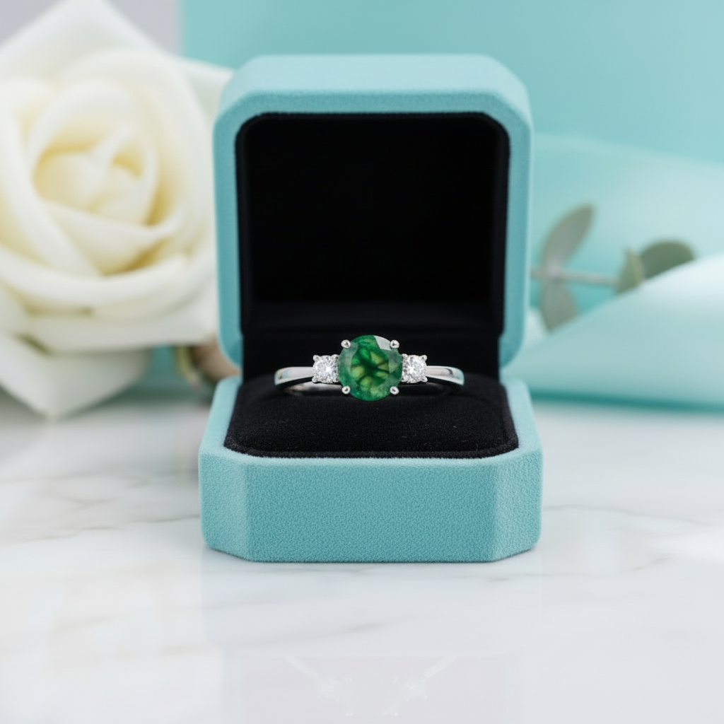 Gentle Heart- Natural Moss Agate Wedding Band Engagement Ring - Evani Naomi Jewelry