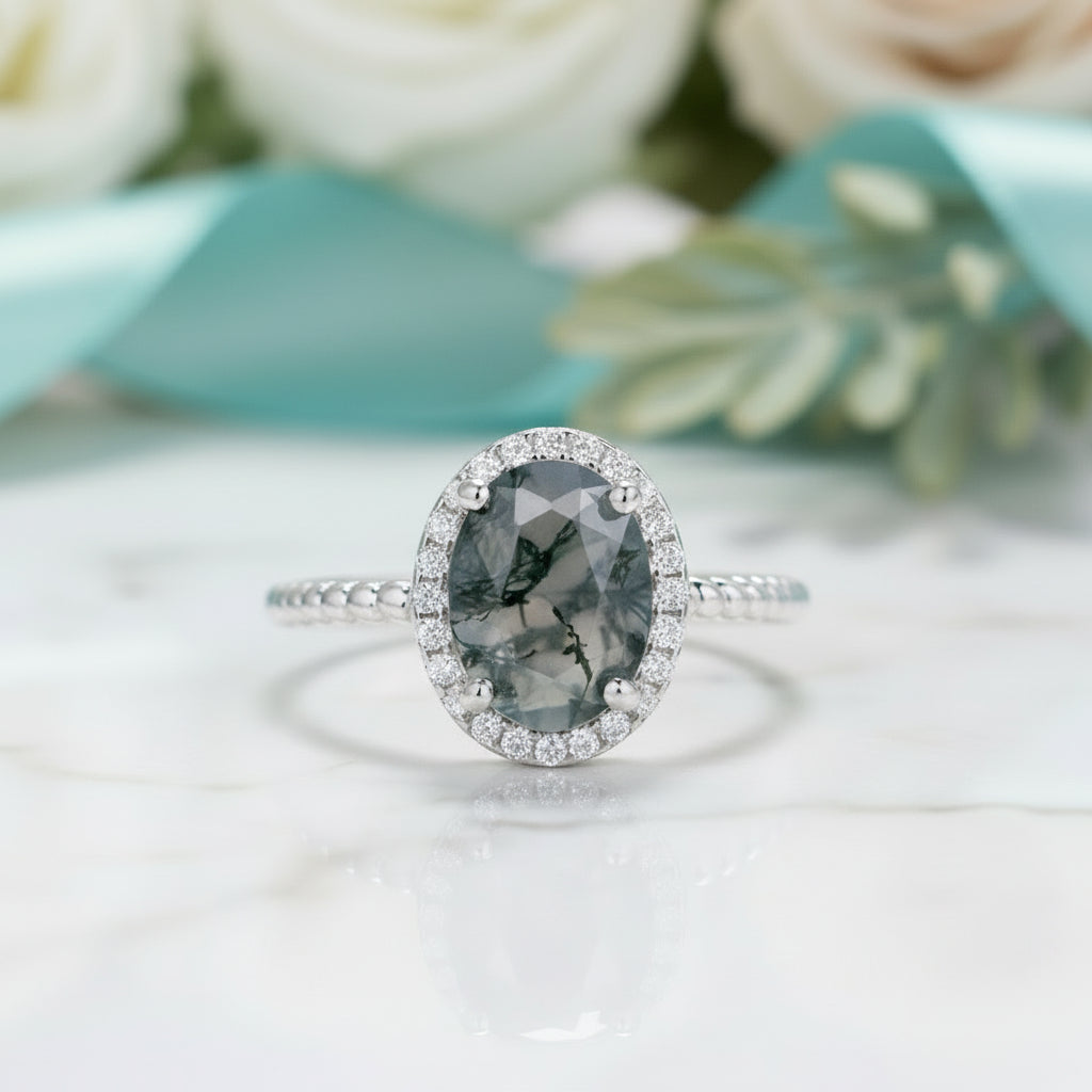 Love as Old as the Hills- Oval Shape Moss Agate Gemstone Halo Engagement Rings-Evani Jewelry